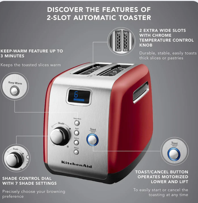 KitchenAid 5KMT223GER 1100 - Watt 2 Slot Automatic/Pop Up Toaster - Empire Red